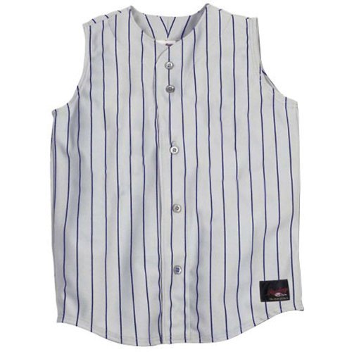 Rawlings Adult Pinstripe Sleeveless Baseball Jersey Rawlings Adult Pinstripe sleeveless warp knit jersey has woven pinstripes, in easycare 100 polyester doubleknit. Fullbutton front, spaced for lettering. Stayin extended round tail. Durable, coverstitched shoulders.